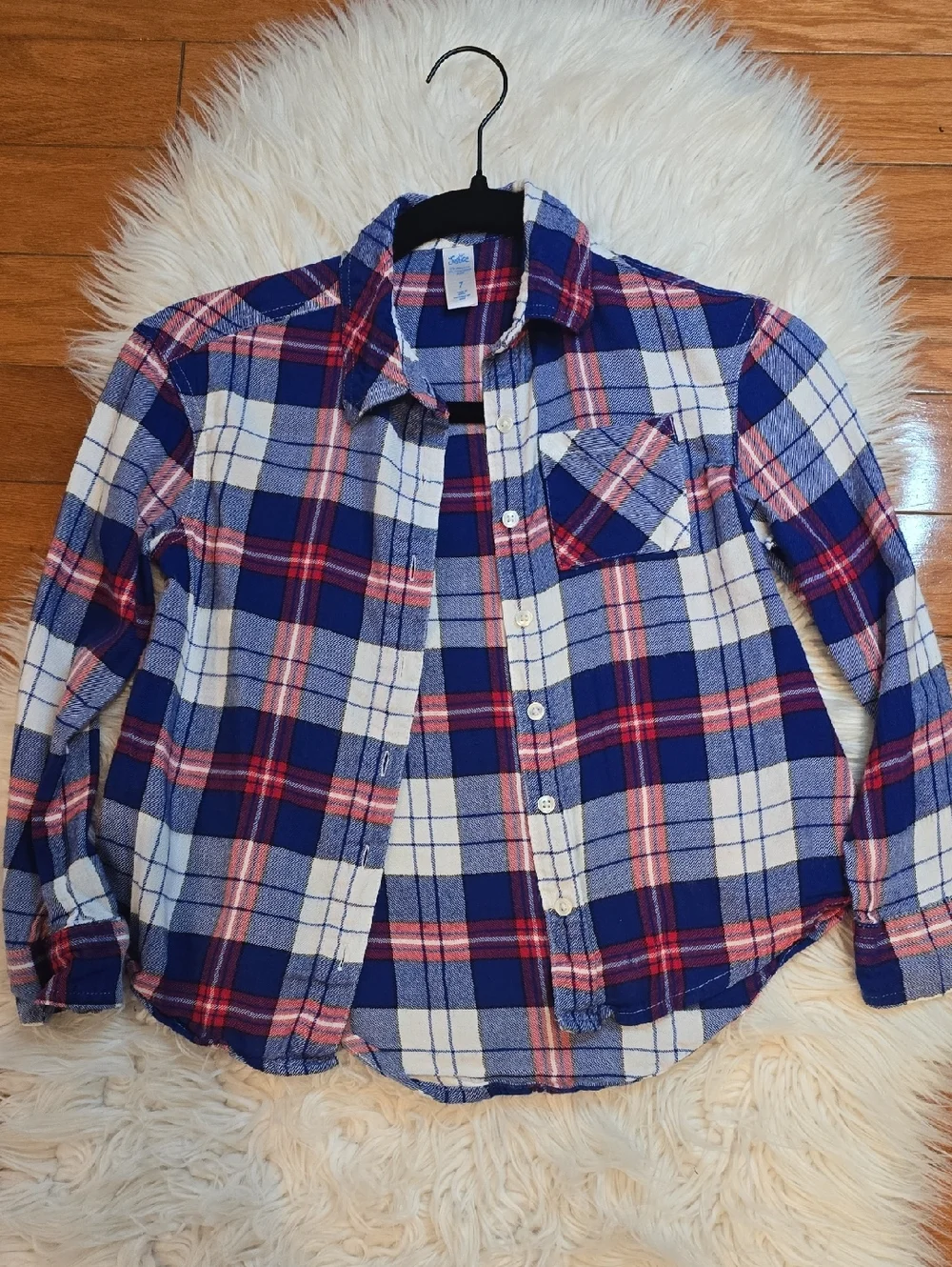 Justice Girls Blue White Red Plaid Button Down Flanel Shirt